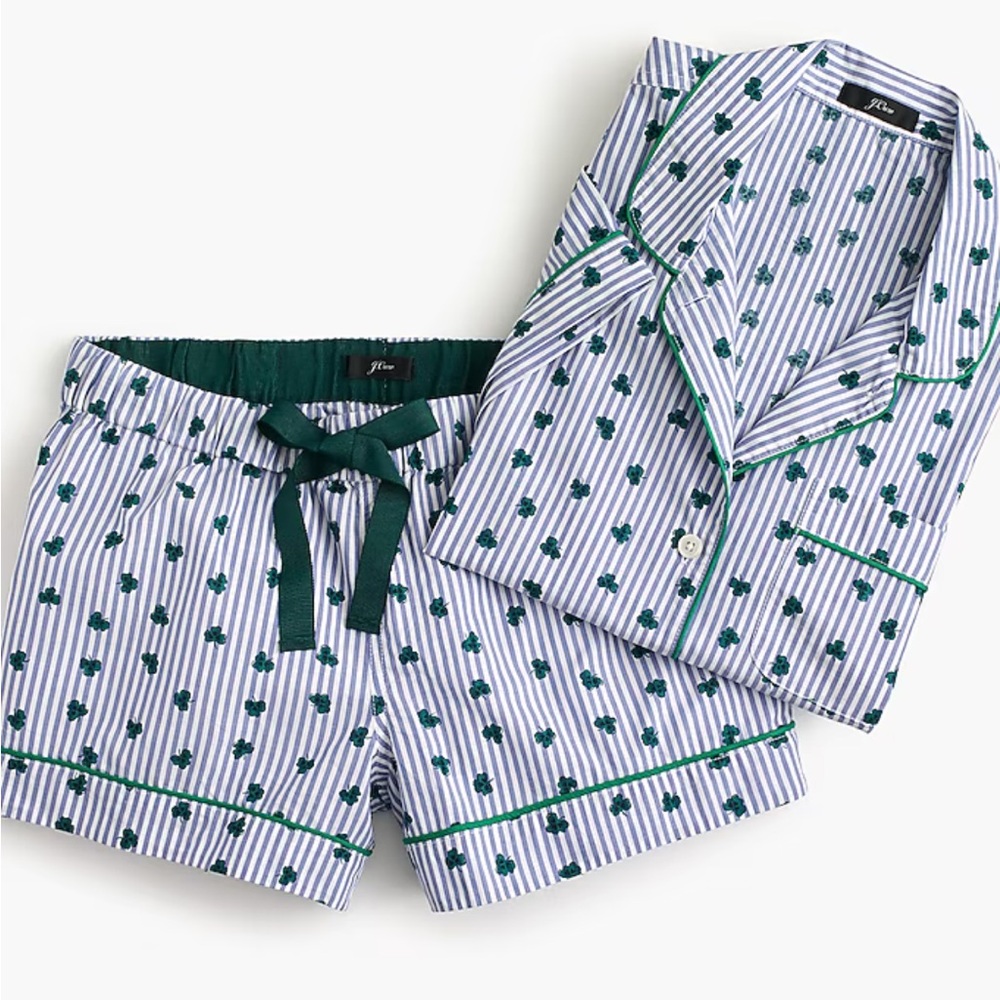 J. Crew Blue and White Striped Shirt with Green Clover Details